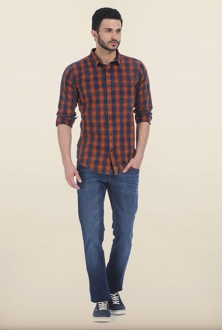 Basics Orange Rust Indigo Checks Slim Fit Shirt Basics Orange Rust Indigo Checks Slim Fit Shirt
