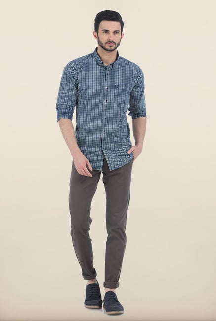 Basics Antique Green Indigo Checks Slim Fit Shirt Basics Antique Green Indigo Checks Slim Fit Shirt