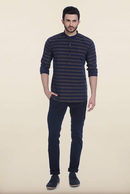 Basics Brown Weft Stripes Slim Fit Kurta Basics Brown Weft Stripes Slim Fit Kurta