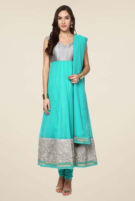 Yepme Merito Sea Green & Silver Salwar Suit Set Yepme Merito Sea Green & Silver Salwar Suit Set