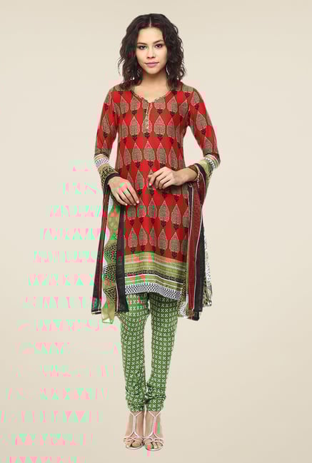 Yepme Priska Red & Green Salwar Suit Set Yepme Priska Red & Green Salwar Suit Set