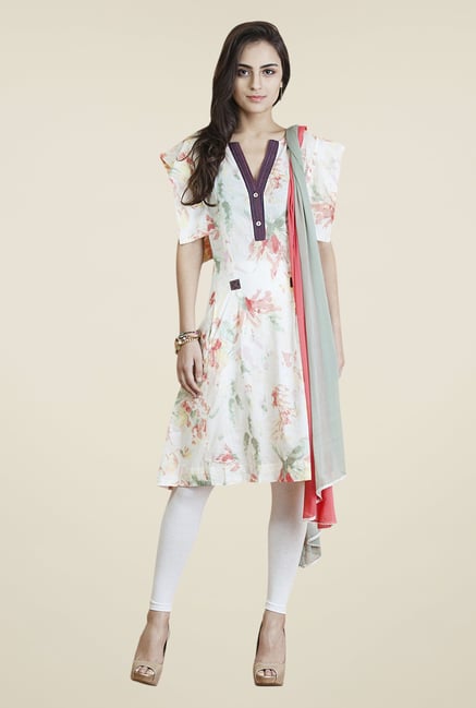 Yepme White & Peach Vellina Kurti Set Yepme White & Peach Vellina Kurti Set