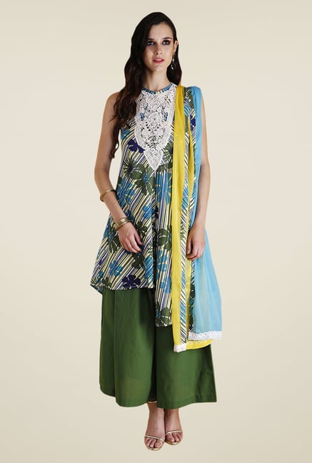 Yepme Blue & Green Rini Kurti Set Yepme Blue & Green Rini Kurti Set