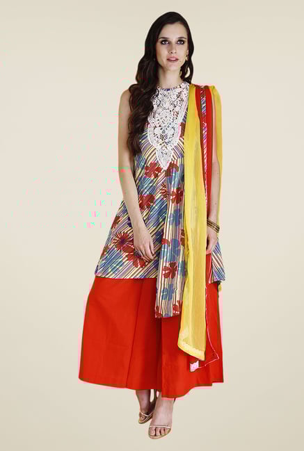 Yepme Blue & Orange Rini Kurti Set Yepme Blue & Orange Rini Kurti Set