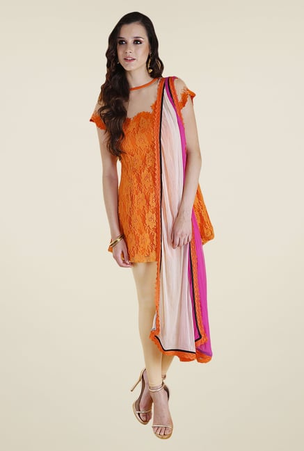Yepme Orange & Beige Lacey Kurti Set Yepme Orange & Beige Lacey Kurti Set