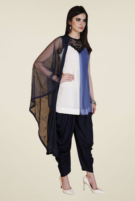 Yepme Cream & Blue Velista Kurti Set Yepme Cream & Blue Velista Kurti Set
