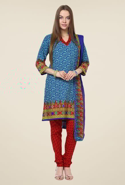 Yepme Blue & Red Priska Salwar Kameez Set Yepme Blue & Red Priska Salwar Kameez Set