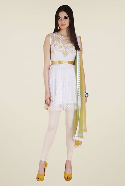 Yepme White & Beige Mesandra Kurti Set Yepme White & Beige Mesandra Kurti Set