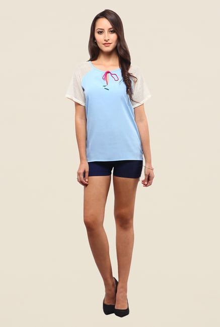 Yepme Sky Blue Rochella Short Sleeve Tie Up Top Yepme Sky Blue Rochella Short Sleeve Tie Up Top