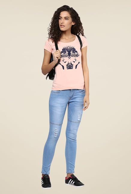 Yepme Peach Retro Beauty Graphic Print Top Yepme Peach Retro Beauty Graphic Print Top