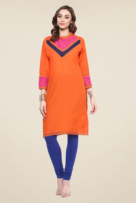 Yepme Orange Clarisa Crew Neck Lace Kurti Yepme Orange Clarisa Crew Neck Lace Kurti
