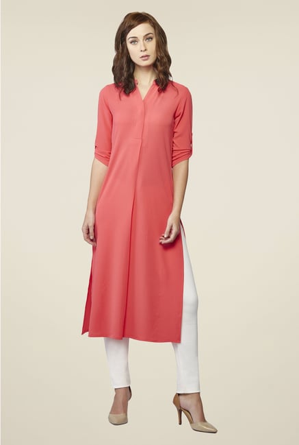 AND Coral Solid Kurta AND Coral Solid Kurta
