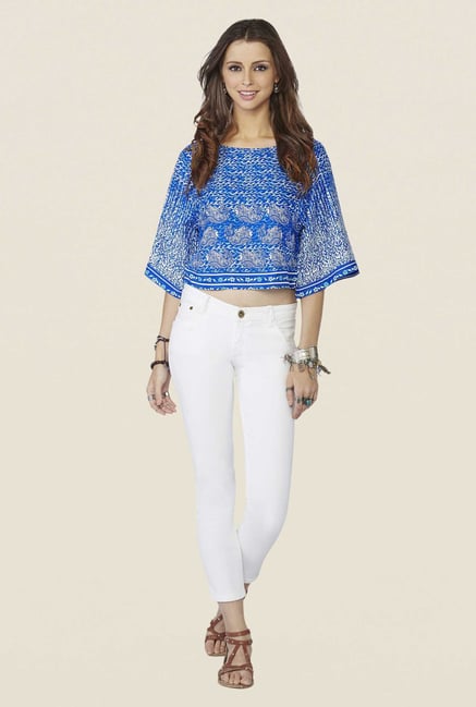 Global Desi Dark Blue Printed Kimono-sleeved Top Global Desi Dark Blue Printed Kimono-sleeved Top