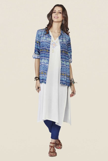 Global Desi Dark Blue Printed Shirt Collar Top Global Desi Dark Blue Printed Shirt Collar Top
