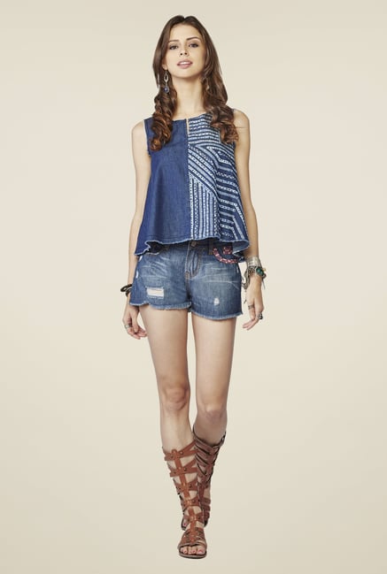 Global Desi Blue Printed Sleeveless Top Global Desi Blue Printed Sleeveless Top