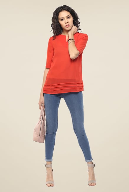 Femella Orange Notched Neck Top Femella Orange Notched Neck Top