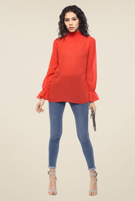 Femella Orange Smocked Neck Top Femella Orange Smocked Neck Top