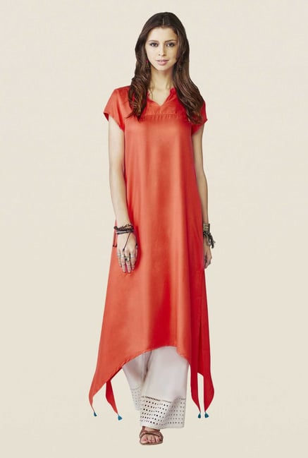 Global Desi Coral Solid Kurta Global Desi Coral Solid Kurta