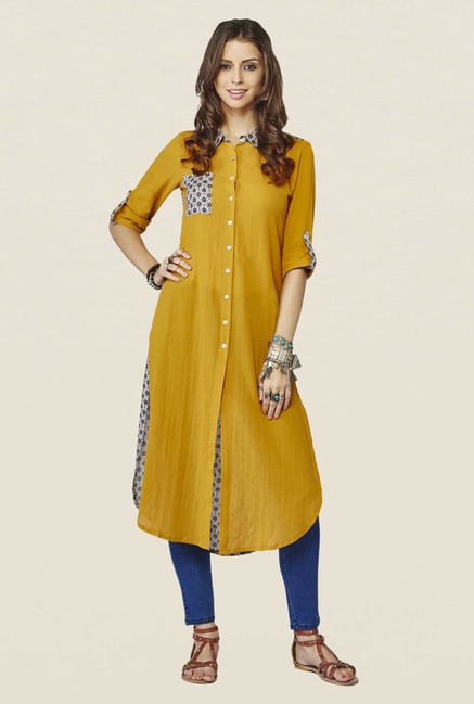 Global Desi Mustard Floral Kurta Global Desi Mustard Floral Kurta