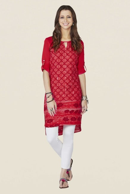 Global Desi Red Printed 3/4th Sleeves Kurta Global Desi Red Printed 3/4th Sleeves Kurta