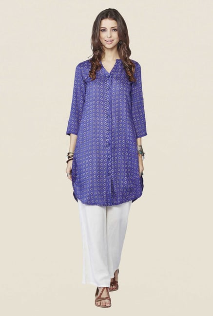 Global Desi Dark Blue Floral Print Kurta Global Desi Dark Blue Floral Print Kurta