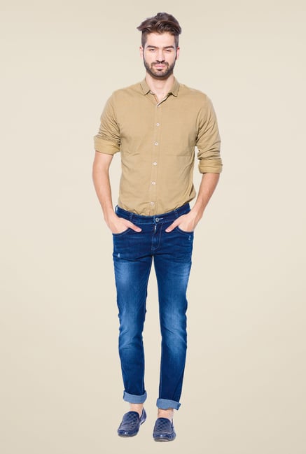 Mufti Dark Blue Heavily Washed Solid Jeans Mufti Dark Blue Heavily Washed Solid Jeans