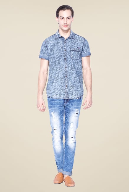 Mufti Mid Blue Floral Print Shirt Mufti Mid Blue Floral Print Shirt