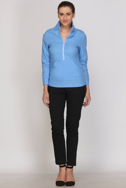 Kaaryah Blue Solid Linen Shirt Kaaryah Blue Solid Linen Shirt