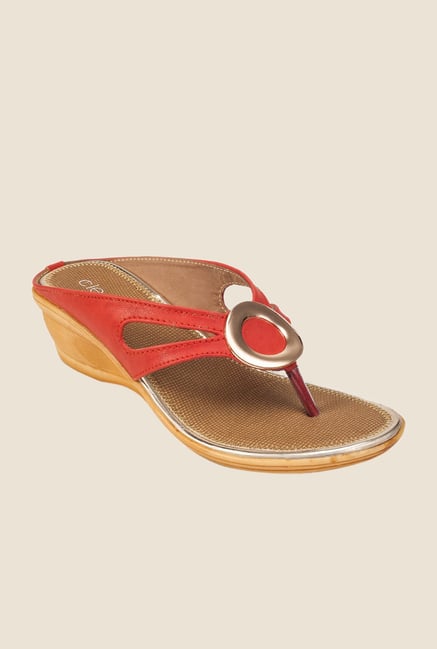 Khadim's Cleo Red & Golden Wedge Heeled Sandals Khadim's Cleo Red & Golden Wedge Heeled Sandals