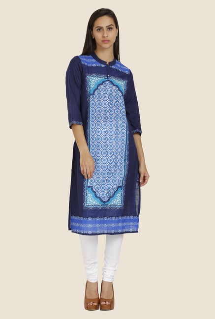 Aurelia Blue Printed Band Neck Kurta Aurelia Blue Printed Band Neck Kurta