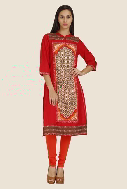 Aurelia Red Printed Band Neck Kurta Aurelia Red Printed Band Neck Kurta