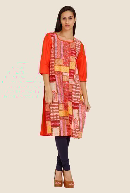 Aurelia Orange Printed Square Neck Kurta Aurelia Orange Printed Square Neck Kurta