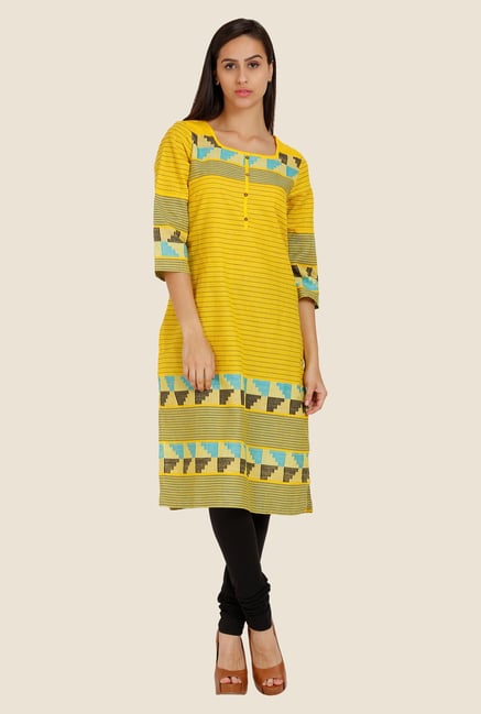 Aurelia Yellow Printed Square Neck Kurta Aurelia Yellow Printed Square Neck Kurta
