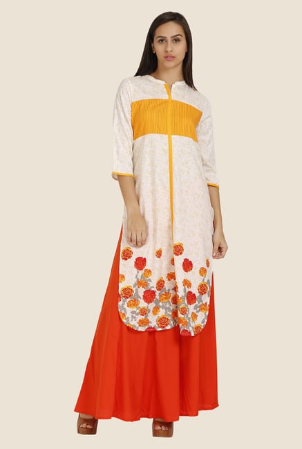 Aurelia Orange & Off-White Floral Print Kurta Aurelia Orange & Off-White Floral Print Kurta