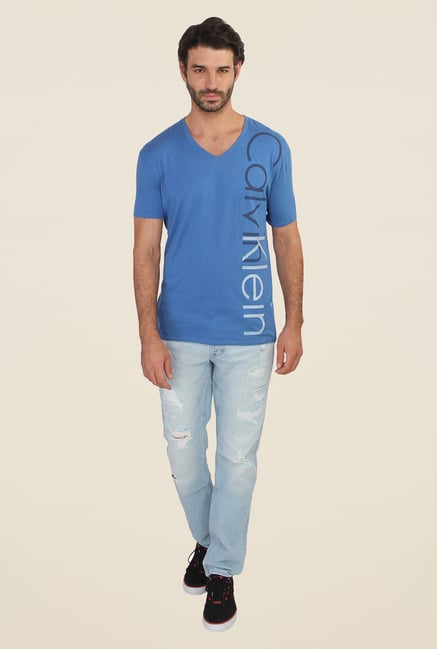 Calvin Klein Blue Printed V Neck Half Sleeve T Shirt Calvin Klein Blue Printed V Neck Half Sleeve T Shirt