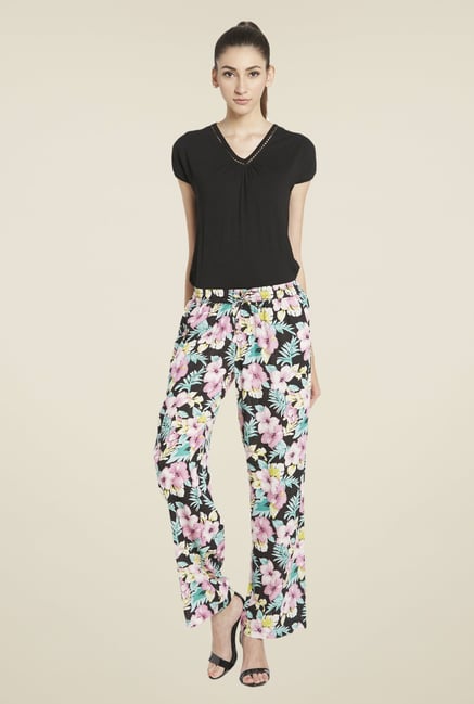 Globus Black & Pink Floral Print Palazzos Globus Black & Pink Floral Print Palazzos