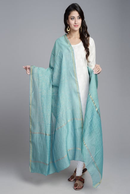 Fabindia Turquoise Chanderi Printed Gold Khari Dupatta Fabindia Turquoise Chanderi Printed Gold Khari Dupatta