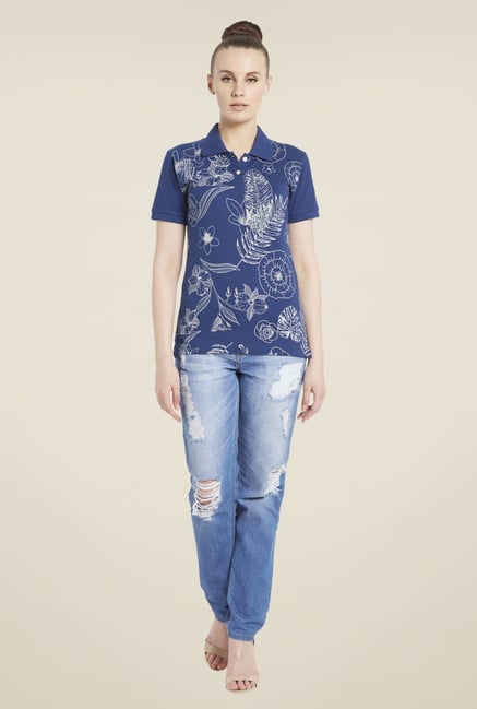 Globus Navy Floral Print Polo T-Shirt Globus Navy Floral Print Polo T-Shirt