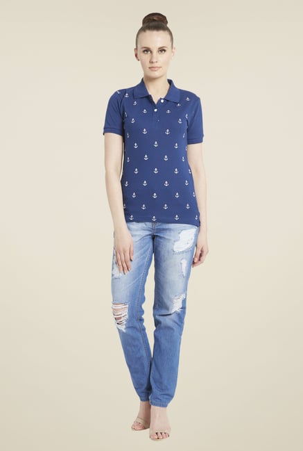Globus Navy Anchor Print Polo T-Shirt Globus Navy Anchor Print Polo T-Shirt