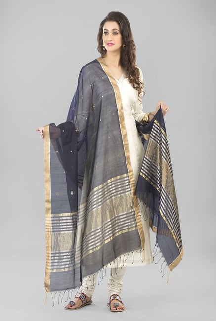 Fabindia Navy Chanderi Woven Handloom Open Lotus Dupatta Fabindia Navy Chanderi Woven Handloom Open Lotus Dupatta