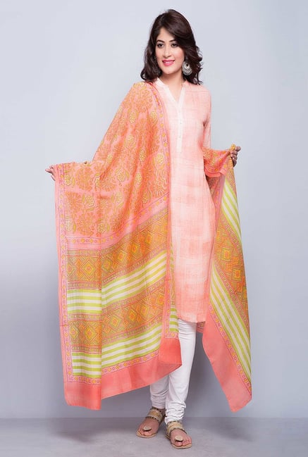 Fabindia Peach Chanderi Printed Bold Flower Dupatta Fabindia Peach Chanderi Printed Bold Flower Dupatta