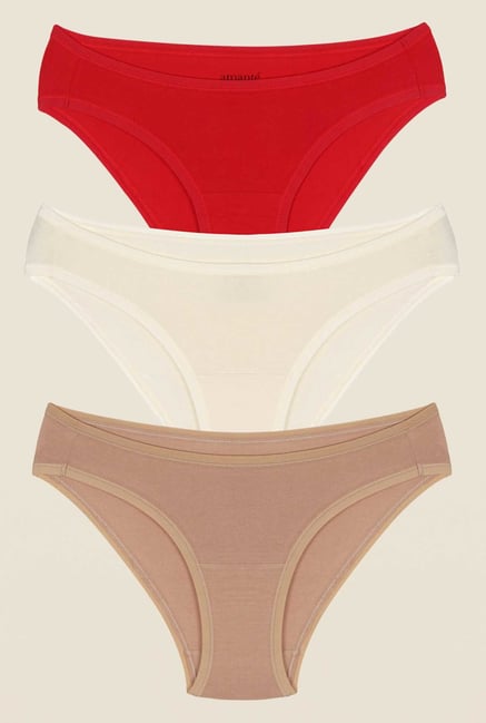 Amante Red, White & Beige Bikini Panty (Pack Of 3) Amante Red, White & Beige Bikini Panty (Pack Of 3)