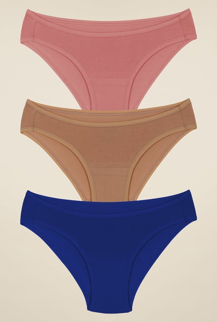 Amante Pink, Beige & Blue Bikini Panties (Pack Of 3) Amante Pink, Beige & Blue Bikini Panties (Pack Of 3)