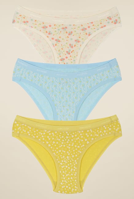 Amante White, Sky Blue & Yellow Bikini Panties (Pack Of 3) Amante White, Sky Blue & Yellow Bikini Panties (Pack Of 3)
