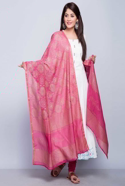 Fabindia Pink Maheshwari Printed Gold Khari Bhaal Dupatta Fabindia Pink Maheshwari Printed Gold Khari Bhaal Dupatta