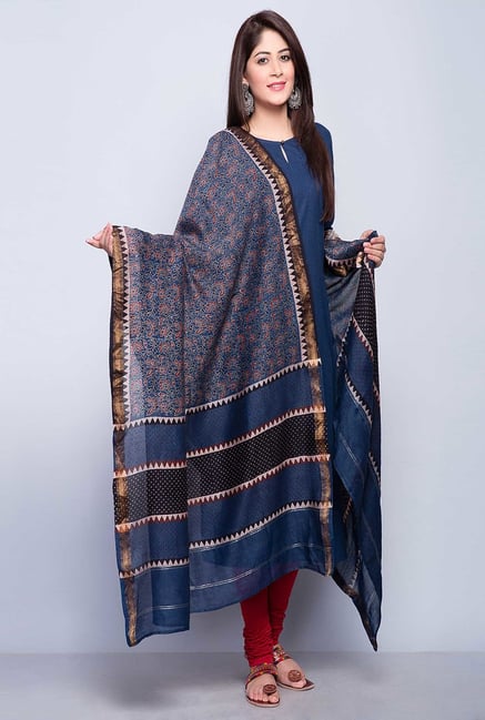 Fabindia Blue Chanderi Printed Ajrakh Flower Dupatta Fabindia Blue Chanderi Printed Ajrakh Flower Dupatta