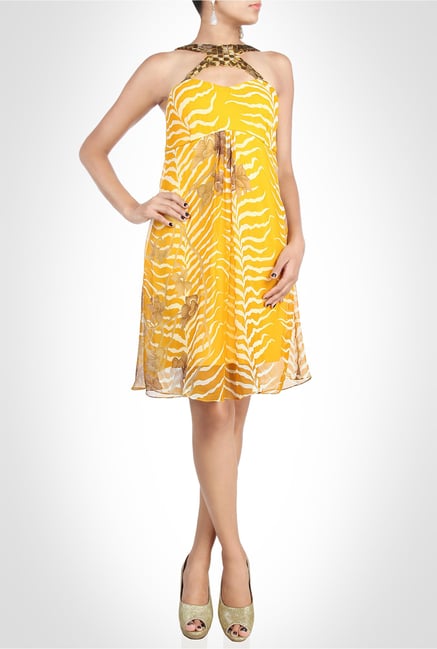 Arpan Vohra Designer Wear Yellow Printed Dress by Kimaya Arpan Vohra Designer Wear Yellow Printed Dress by Kimaya