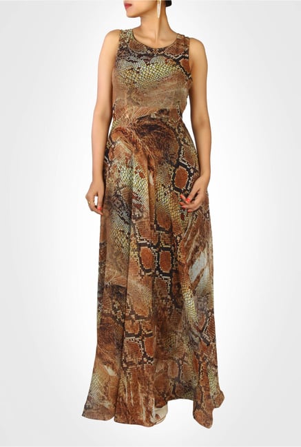 Nikita Mhaisalkar Designer Brown Printed Dress by Kimaya Nikita Mhaisalkar Designer Brown Printed Dress by Kimaya