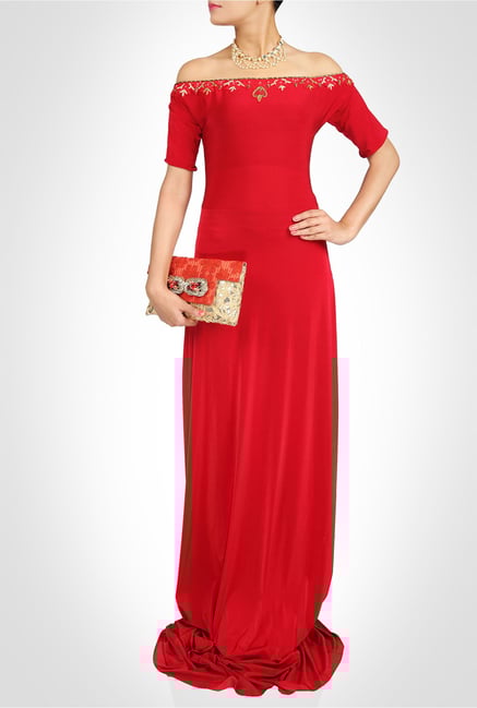 Saumya Gupta Designer Wear Red Off Shoulder Gown by Kimaya Saumya Gupta Designer Wear Red Off Shoulder Gown by Kimaya