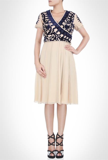 JJ Valaya Designer Wear Beige Velvet Dress by Kimaya JJ Valaya Designer Wear Beige Velvet Dress by Kimaya